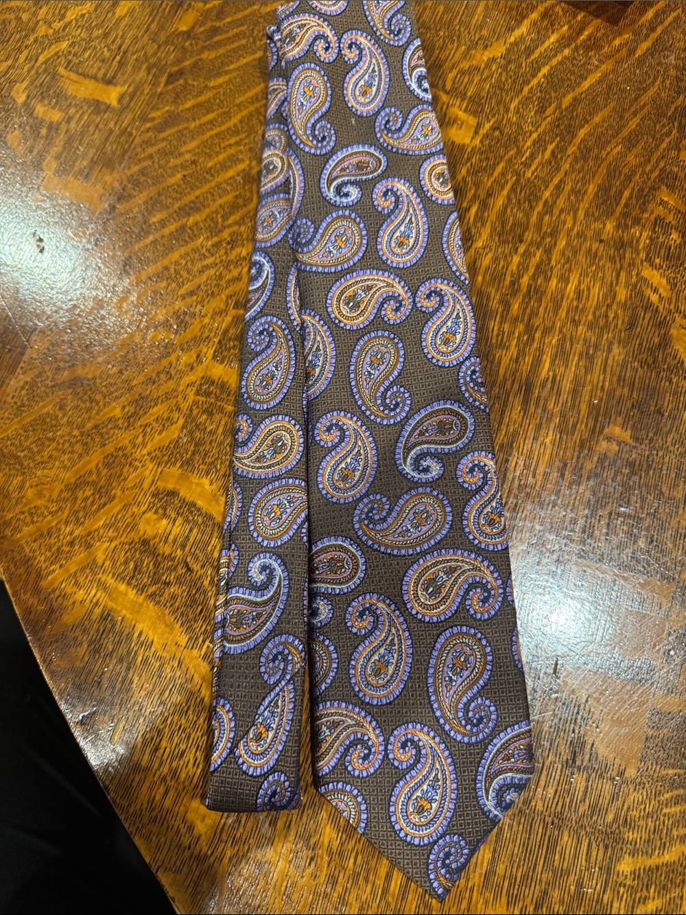 David Donahue Brown Paisley Tie with Purple and Tan Accents